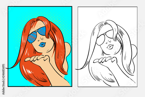 Beautiful fancy girl with red hair and sunglasses sending kiss, pop art retro comic style vector illustration in colored and black and white line variation