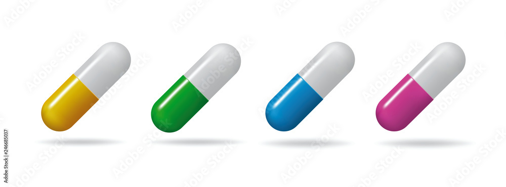 Medicinal tablets. Set tablets of different colors. Isolated objects on white background Medicinal tablets. Set tablets of different colors. Isolated objects on white background