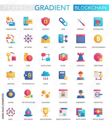 Vector set of trendy flat gradient Blockchain Cryptocurrency icons.