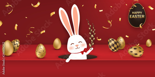 Happy Easter. Easter Rabbit Bunny with realistic eggs on red background. Cute, funny cartoon rabbit character with Paschal egg. Design template for Banner, flyer, invitation, greeting card, poster.