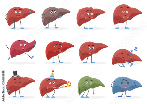 Cute liver positive and negative emotions organs set vector illustration.