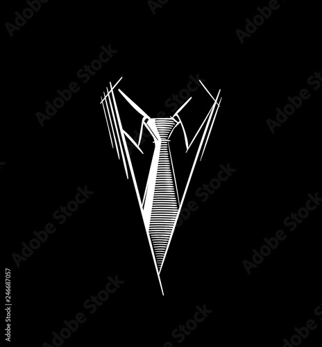 Tie Logo. Lines Necktie Icon. Part of men's clothing in business style. Sketch symbol in a simple style for illustration, business card, invitations, app.  White Strokes on a black background. Vector