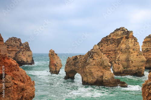 Stone formations in the ocean at Ponta De Piedade tourist destination in Algarve, Portugal. 