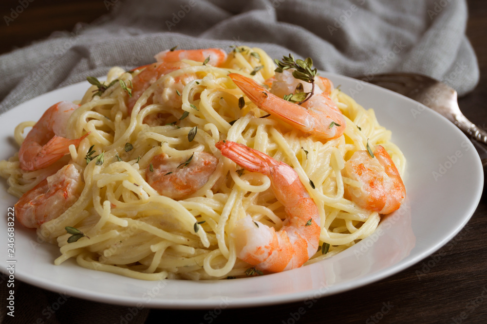 spaghetti cream cheese white sauce with shrimp - Italian food style spaghetti cream cheese white sauce with shrimp - Italian food style