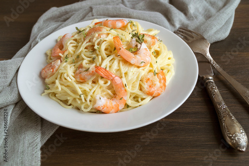 spaghetti cream cheese white sauce with shrimp - Italian food style