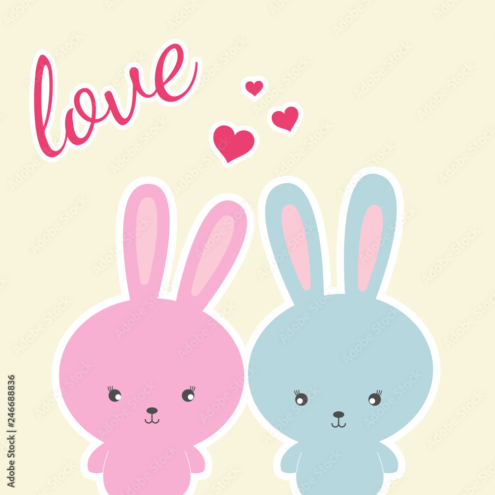 Colored two Rabbits on a white background and slogan love. Colored two Rabbits on a white background and slogan love.
