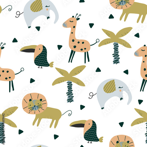 Seamless pattern in scandinavian style with cute elephant, toucan, giraffe, lion.