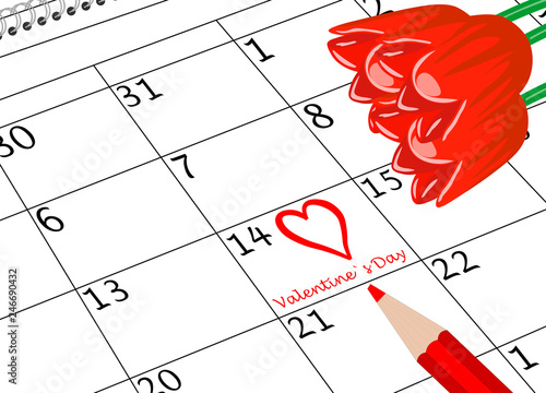 Valentin`s Tag Kalenderseite mit Herz Blumen und Stift
