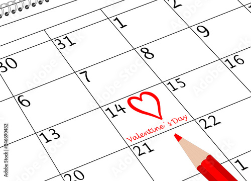 Valentin`s Tag Kalenderseite mit Herz und Stift
