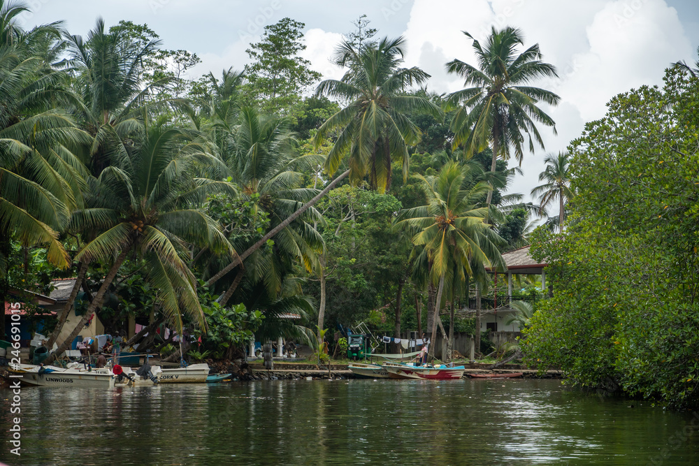 Tropical Lake With Boats And A Village Among Palm Trees