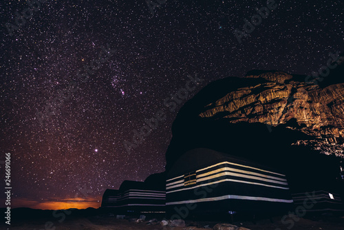 A sky full of stars above tourist camp in Wadi Rum valley in Jordan
