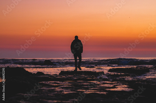 Silhouette of Man on the Beach at Sunset