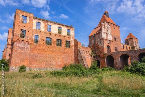 View on the ruined castle in Szymbark, small village in Warmia and Masuria region of Poland