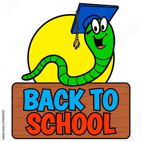 Back to School Bookworm - A vector cartoon illustration of a Back to School Bookworm sign.