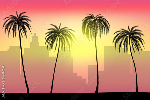 Sunset and tropical palm trees with city landscape background, vector © perspectivexx