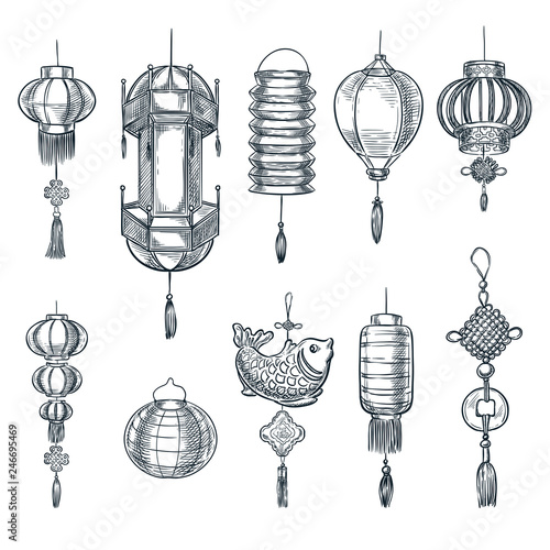 Chinese lantern vector sketch illustration. Traditional China holiday and festival decoration