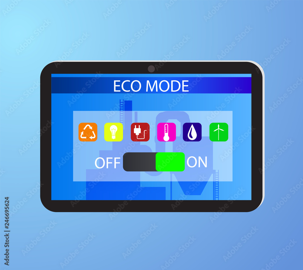 Eco friendly factory on a digital touch screen tablet