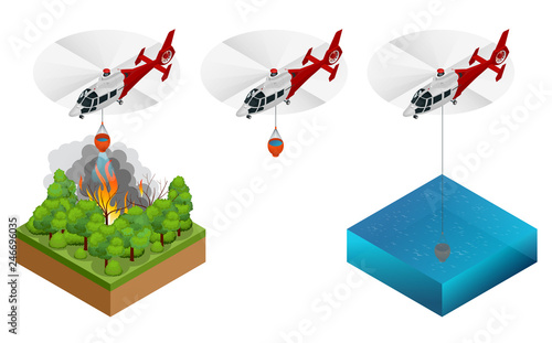 Isometric helicopter dropping water on a fire. Forest fire helicopter vector illustration