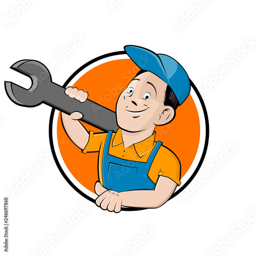 funny company sign with happy craftsman holding a wrench