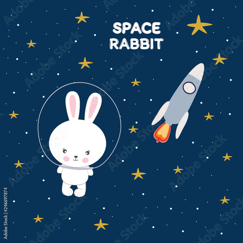 Cute funny rabbit in space. Greeting card.