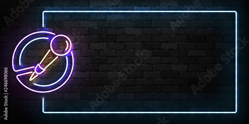 Vector realistic isolated neon sign of Microphone frame logo for template decoration and covering on the wall background. Concept of music, stand up comedy show and karaoke.