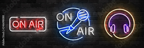 Vector set of realistic isolated neon sign of On Air logo for template decoration on the wall background. Concept of podcast and radio.