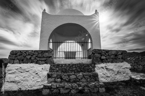 Small Chapel made of stones, black and white and long exposure