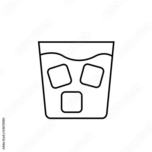 Simple abstract black and white icon of alcoholic cocktail in a glass, whiskey with ice and copy space on a white background. Vector illustration