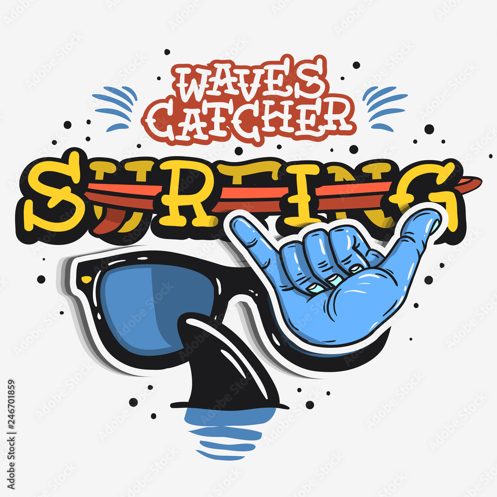 Fototapeta premium Surf Surfing Themed Vintage Traditional Tattoo Influenced Aesthetic Graphics For Tee Print t shirt Vector Media