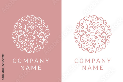 Linear logo of leaves and curls. Unique emblem design for wedding salon, boutique, flower shop, cosmetic products