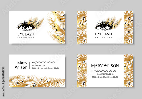 Branding for salon eyelash extension, shop cosmetic products, lashmaker, stylist. Logo, business card. Design with Golden feathers. Vector illustration in modern style