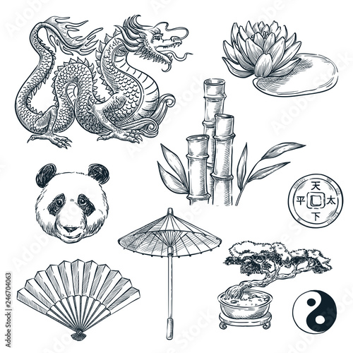 China symbols, vector sketch illustration. Chinese dragon, panda, bamboo, lotus flower, isolated on white background