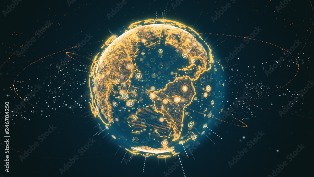 3d illustration of Digital planet earth data abstract of a technological data network transmitting communication, complexity and data flow of the modern digital era - obrazy, fototapety, plakaty 