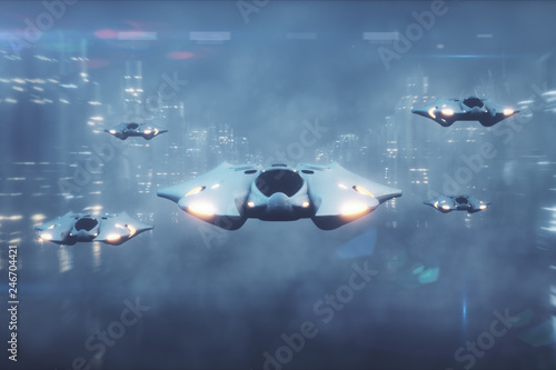 Futuristic 3d illustration, the flight of aircraft on the tech city in the fog