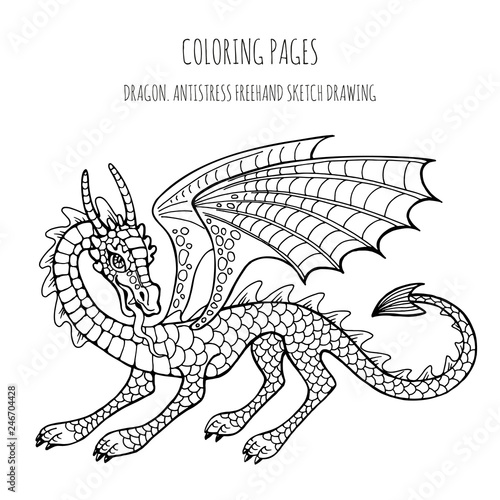 Coloring pages. Coloring book for adults with a fabulous dragon. Anti-stress freehand sketch with doodle elements.