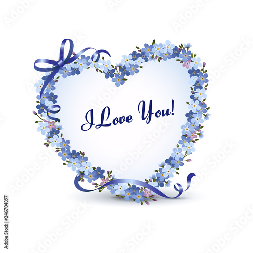 Herz mit Vergissmeinnicht Blumen,  Grußkarte in englisch mit „I Love You“, Vektor Illustration isoliert auf weißem Hintergrund