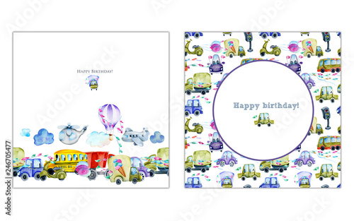 Card template and frame with festive watercolor cars background, baby shower or birthday card design, hand painted on a white background