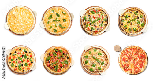 Set of different hot pizzas with delicious melted cheese on white background, top view