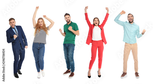 Set of happy people celebrating victory on white background