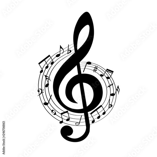 Music notes in swirl, musical design element, vector illustration.