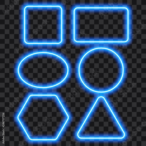 Set of blue geometric neon frames, vector illustration.