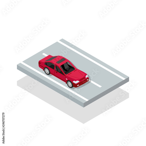 Cars on road isometric icon. Red auto. Vehicle on the highway. Vector illustration flat design. City traffic.