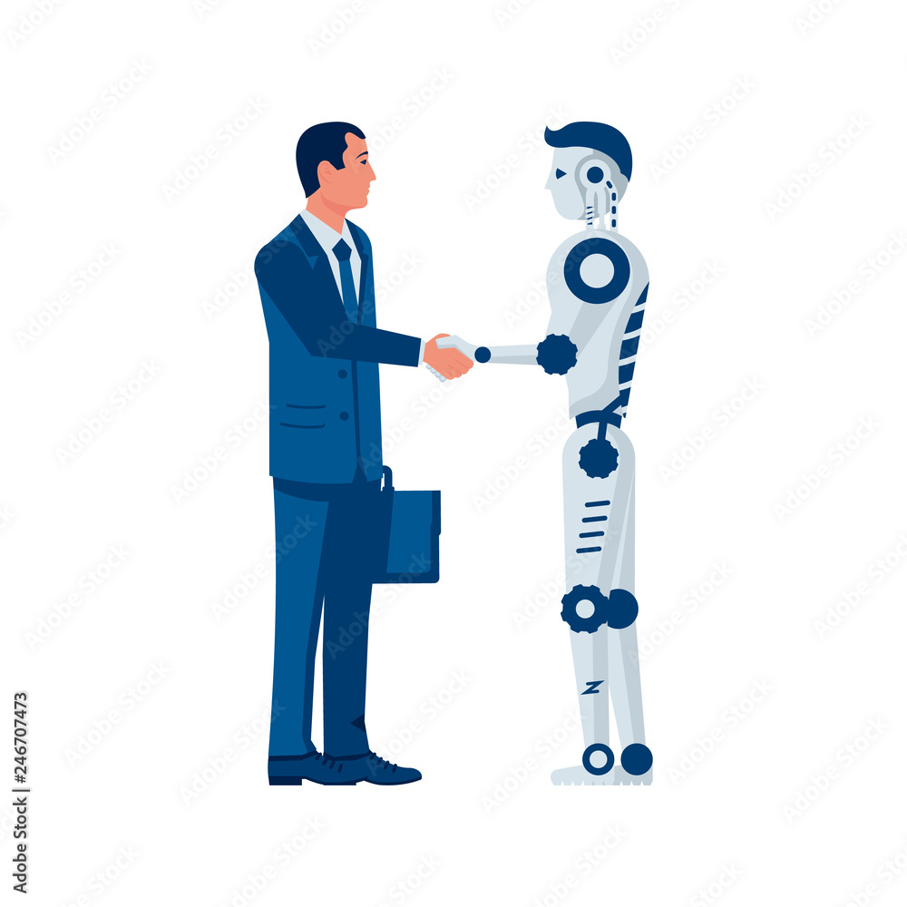 RPA concept. Robotic progress automatisation. Human partnership robot. Businessman shakes hands with a cyborg. Future cooperation. Vector illustration flat design. Isolated on white background. RPA concept. Robotic progress automatisation. Human partnership robot. Businessman shakes hands with a cyborg. Future cooperation. Vector illustration flat design. Isolated on white background.