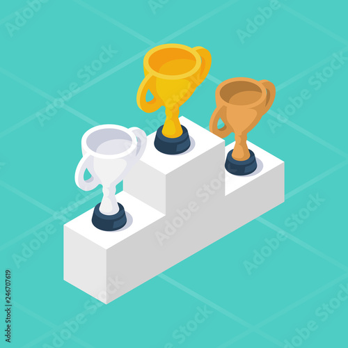 Winners podium from gold, silver, bronze trophy cup isometric design. Isolated on white background. Template championship in sport and business concept.  First place award. Achievements prize.