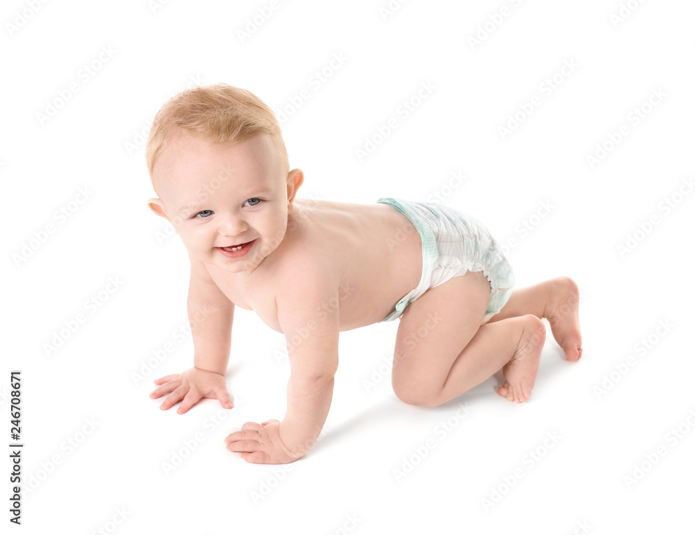 Cute little baby crawling on white background Cute little baby crawling on white background