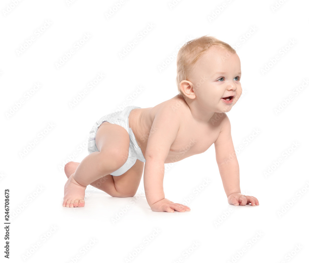 Cute little baby crawling on white background Cute little baby crawling on white background
