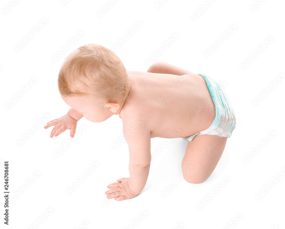 Cute little baby crawling on white background Cute little baby crawling on white background