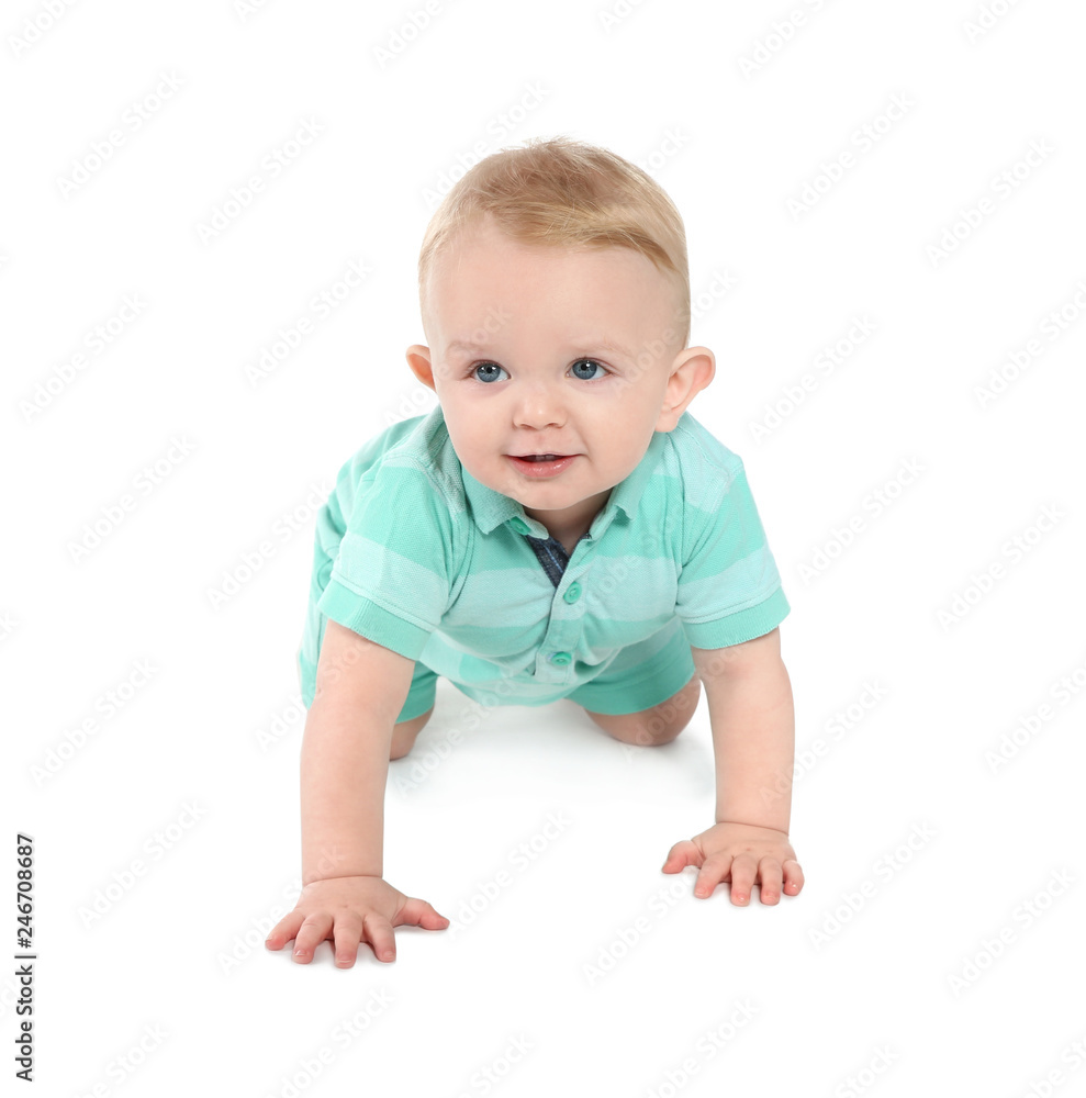 Cute little baby crawling on white background - obrazy, fototapety, plakaty 