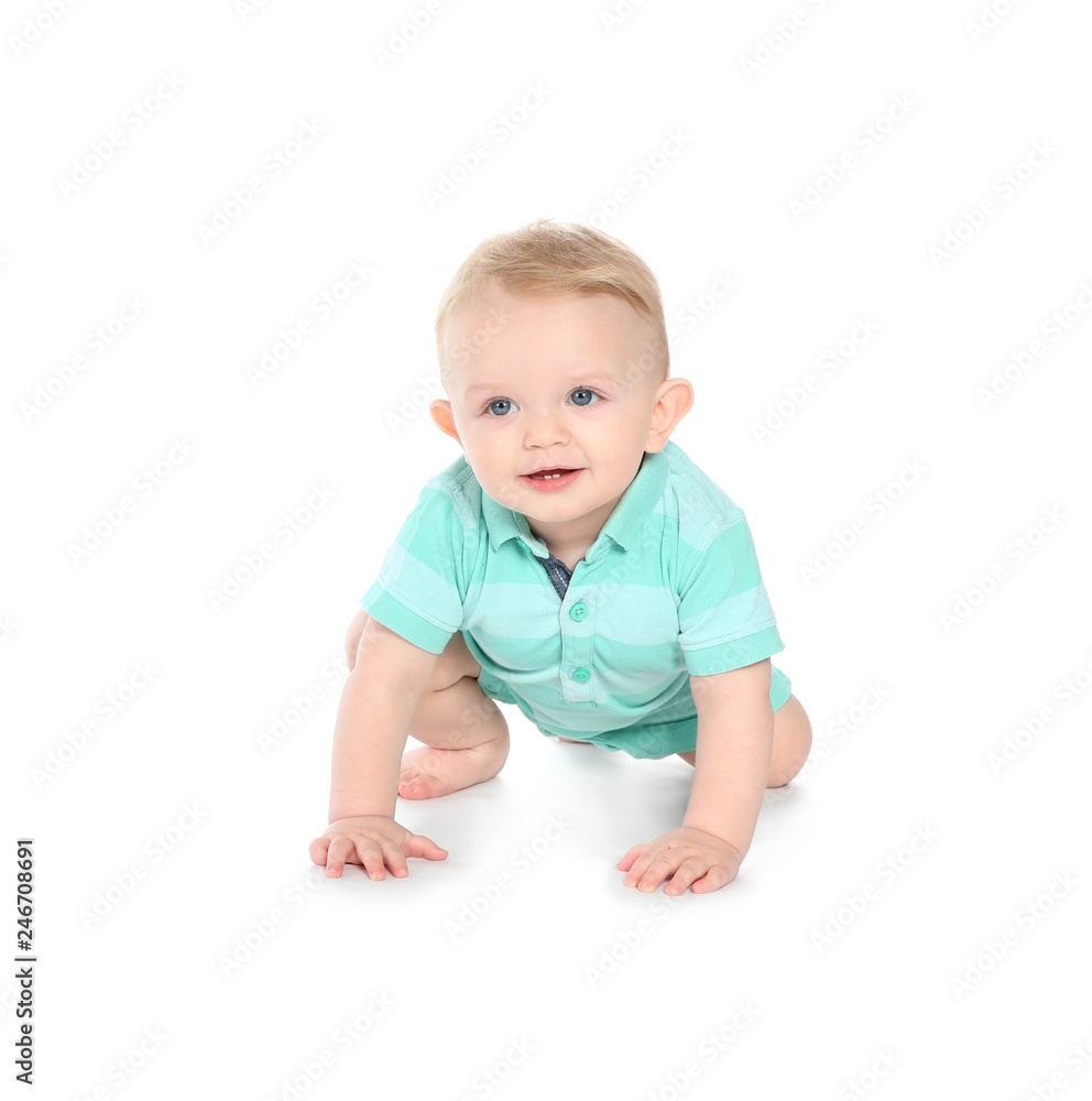Cute little baby crawling on white background Cute little baby crawling on white background