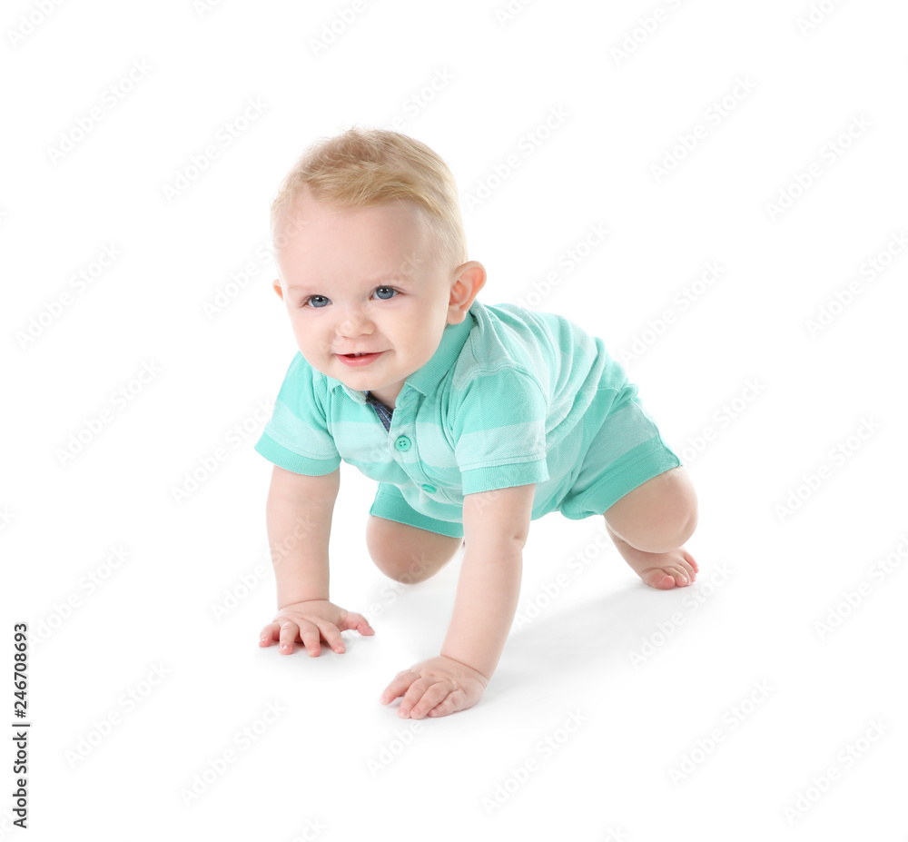 Cute little baby crawling on white background Cute little baby crawling on white background